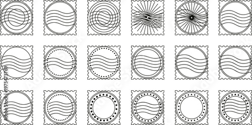 WebStylized postage stamp designs with circular postmark patterns, abstract cancellation lines, geometric variations, and decorative philately artwork for creative backgrounds, vintage themes, 