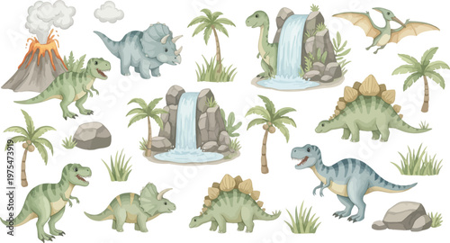 Prehistoric landscape with dinosaurs volcanoes palm trees and waterfalls in a lush green and blue fantasy world scene