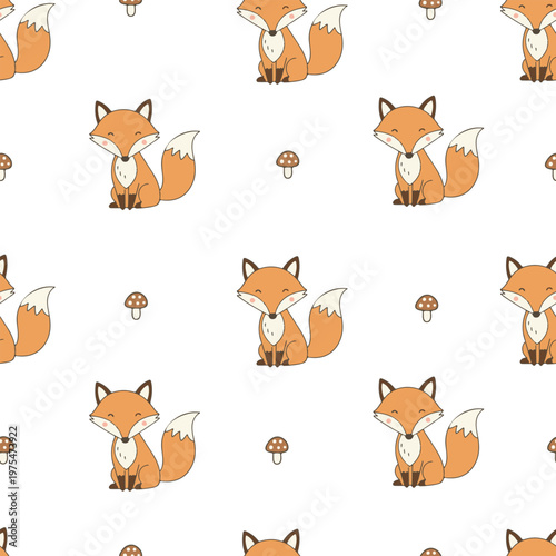 Adorable Red Fox Seamless Pattern with Mushrooms for Autumn Forest Theme Wallpaper