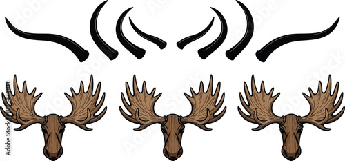 Deer Antlers and Moose Head Illustration Set with Black Horn Shapes and Wildlife Trophy Elements for Rustic Hunting Design Collection