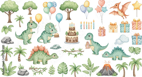 Colorful illustration of dinosaurs and prehistoric plants and objects in a fantasy landscape