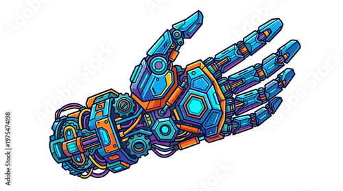 Robotic hand with blue circuits.