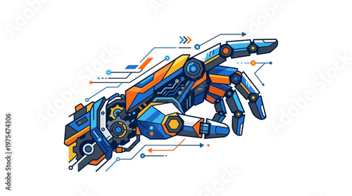 Robotic hand with orange accents.