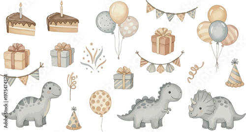 Whimsical dinosaur party decorations with balloons and streamers on white background for kids celebration