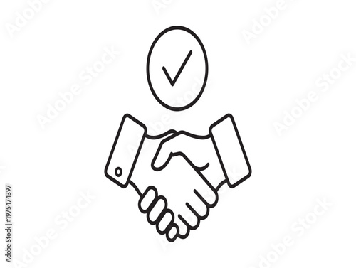 Title handshake with checkmark symbol a visual representation of agreement and success description a simple black and white line drawing depicts a
