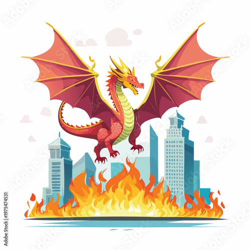 Cartoon dragon flying over city with fire abstract illustration