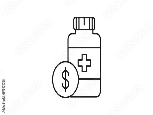 Black and white line drawing of a medicine bottle with a dollar sign symbol