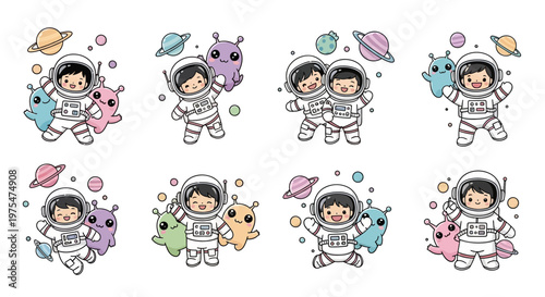 A set of cute vector illustrations celebrating the International Day of Human Space Flight, featuring cartoon astronauts in white spacesuits cheerfully floating in space with colorful