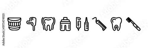 Dental and oral hygiene icons collection showing false teeth, tools, and personal care products