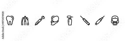 Dental health icons set showing tooth, dental tools, syringe, and other dentistry related symbols
