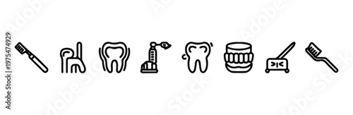 Oral hygiene and dentistry icons featuring toothbrush, dental chair, and false teeth symbols