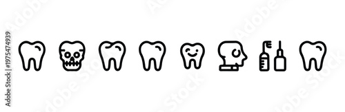 Stomatology thin line icons with human skull and tooth characters for dental clinic design