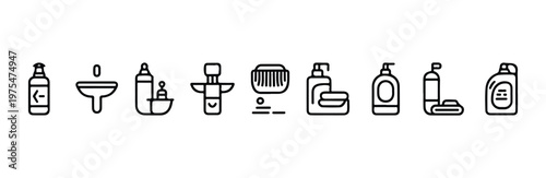 Household cleaning and personal hygiene products including various bottles, sink, and brush