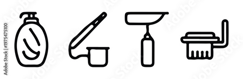 Glass cleaning and bathroom maintenance icon set with squeegee spray bottle and soap pump
