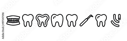 Collection of line icons depicting jaw structure teeth and various dental care instruments