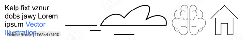 Education, creativity, innovation, home concepts, weather forecast, environmental ideas. Image shows a cloud, brain and house in minimalist style. Creativity and education concepts illustrated