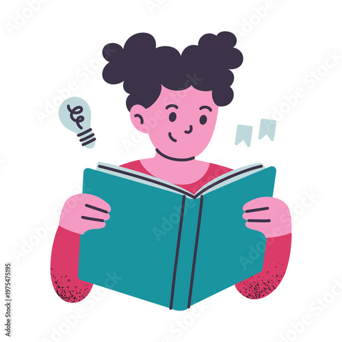 Little girl reading book, flat cartoon preschool child character with open textbook. Kids education and learning, school and study vector illustration, simple textured character scene