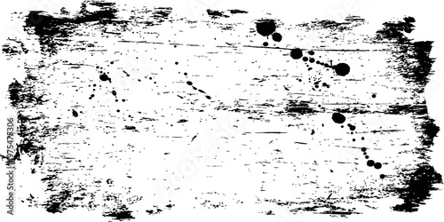 Black ink grunge rectangle distress texture background with paint splatters and scratches