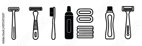 Personal hygiene and dental care items vector set. razors, toothbrush, lotion, towels