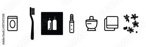 Set of bathroom hygiene and personal care icons with simple line art style