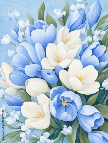 A vibrant bouquet of pastel blue and white flowers with green leaves against a light blue background