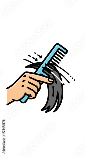 Hand holding blue comb detangling hair.