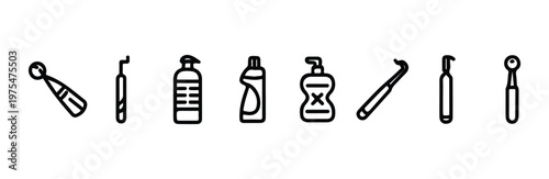 Professional dentistry tools and liquid soap bottles outline vector icon set for clinic use
