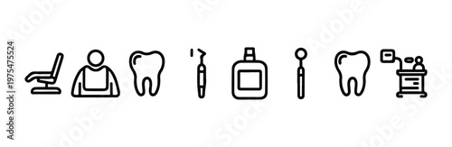 Dentist office equipment and patient icons set with dental chair tooth and xray workstation