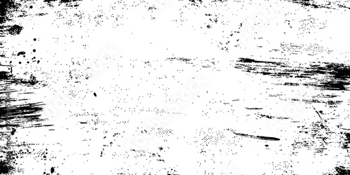 Black and white grunge texture vector overlay with distressed brush strokes ink splatters and dirty scratch background