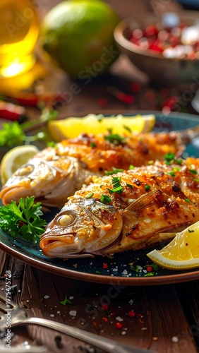 A plate of grilled fish with lemon and herbs on a wooden table