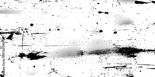 Black and white halftone grunge texture vector overlay background with scratches ink splatters and distressed dots pattern