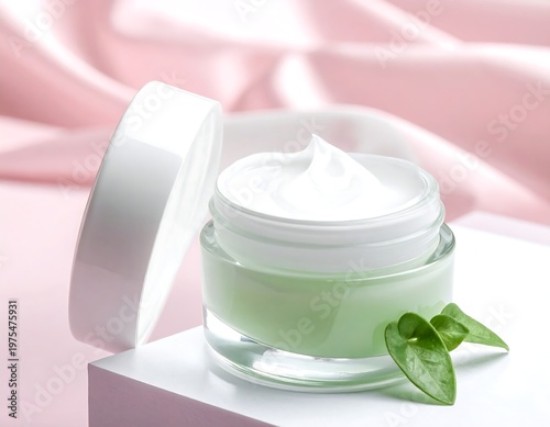 Cream jar with smooth white cream and leaves; soft pink background