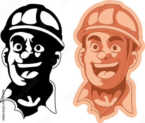 Cheerful construction worker mascot, industrial project character set.includes a colored, die-cut sticker style version with warm orange tones and a solid black silhouette version.