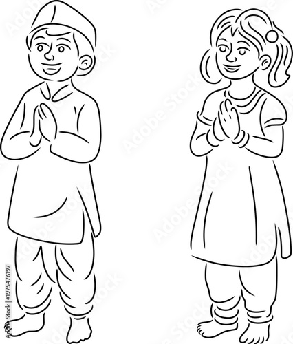 Minimalist  line art of a young boy and girl from South Asia wearing traditional ethnic clothing. The boy is in a kurta and dhoti with a cap, and the girl is in a salwar kameez.