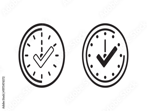 Title two hand drawn clock icons with checkmarks time management and efficiency concepts description simple black and white sketch of two oval clocks