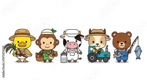 Farm animals and workers cartoon.