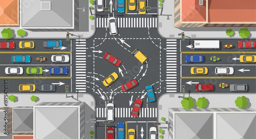 Aerial View of a Busy City Intersection with Cars.