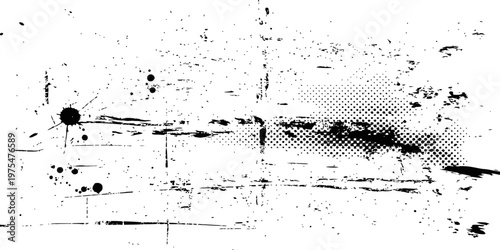 Abstract Grunge Texture Vector Background with Ink Splatters and Halftone Dots Black and White Distressed Design Element