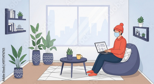 Person wearing face mask sitting with laptop on bean bag chair at home with plants