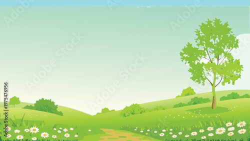 A peaceful landscape illustration featuring green hills and trees