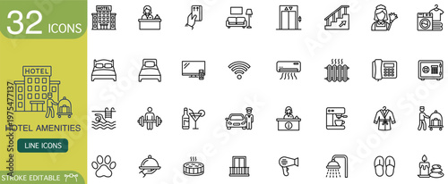 Hotel amenity icon line outline set pictogram for hospitality service featuring reception bed elevator wifi air conditioner restaurant laundry spa symbols editable stroke