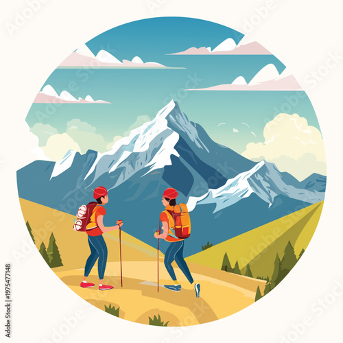 Hikers ascend mountain trail under clear sky with backpacks and walking sticks