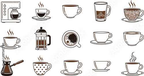 Coffee Cup Icon Set with Various Hot Drink Styles Including Espresso Mug French Press and Turkish Coffee for Cafe Beverage Design Collection