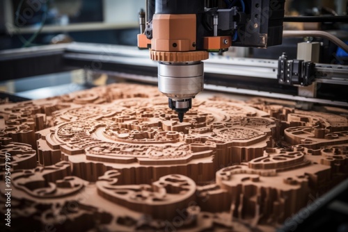 Modern cnc router engraving a wooden board, creating a detailed 3d relief map