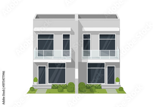 Modern townhouse exterior with glass balconies and manicured lawns