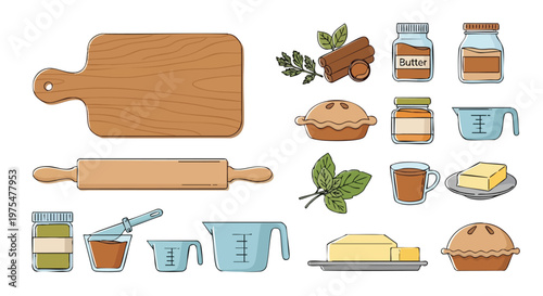 Baking and kitchen tools and ingredients set.