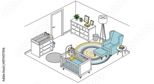 Isometric Nursery Room Design with Furniture and Decorations.