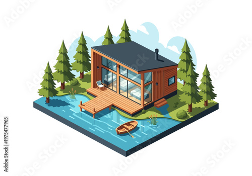 Modern lakeside cabin with a rowboat on the water, surrounded by pine trees and lush greenery