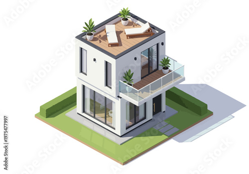 Modern minimalist cube-shaped house with rooftop deck and lush green landscaping