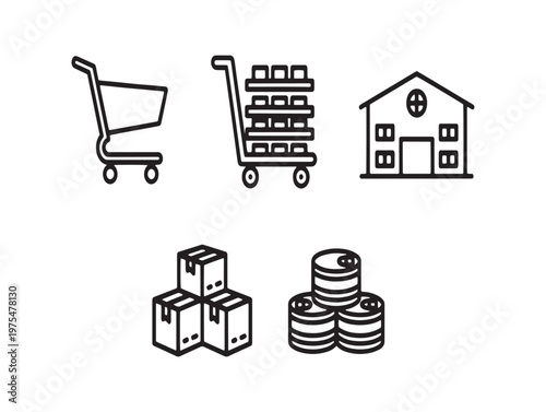 Title simple black and white line icons representing shopping logistics and finance concepts description a collection of minimalist line icons depicting a